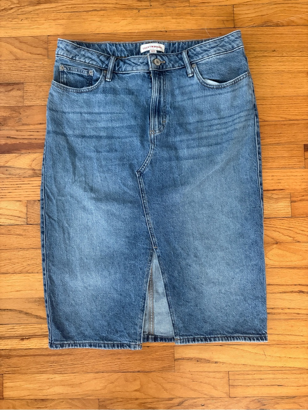 Lucky Brand Denim Midi Skirt 14/32 Blue Front Slit Pencil Jean Skirt
